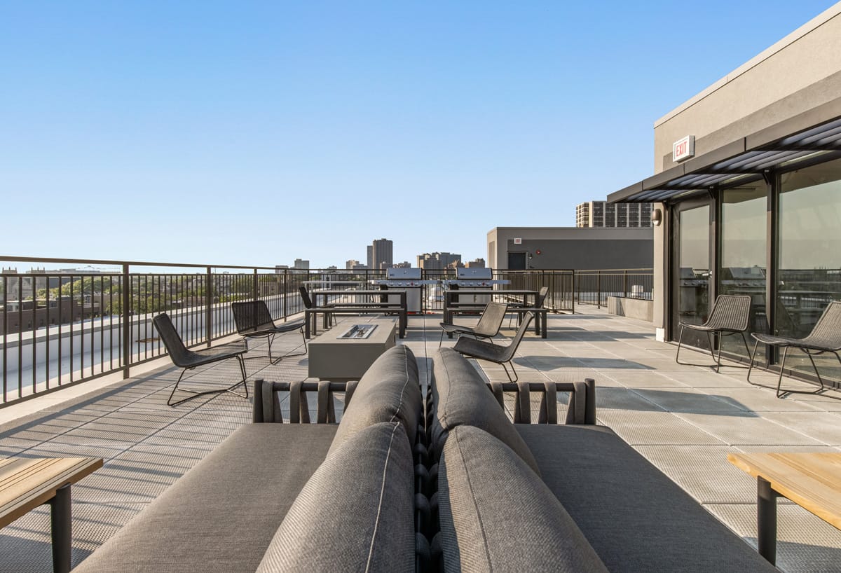 Rooftop amenity deck at The Medallion, a DSG adaptive reuse development in Chicago